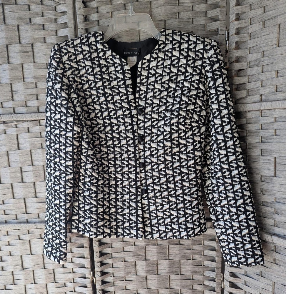 Vtg Y2K Black & White Boucle Textured Button Front Lady Jacket Blazer Sz 6
